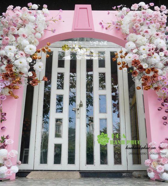 cổng hoa lụa cao cấp tone hồng h1